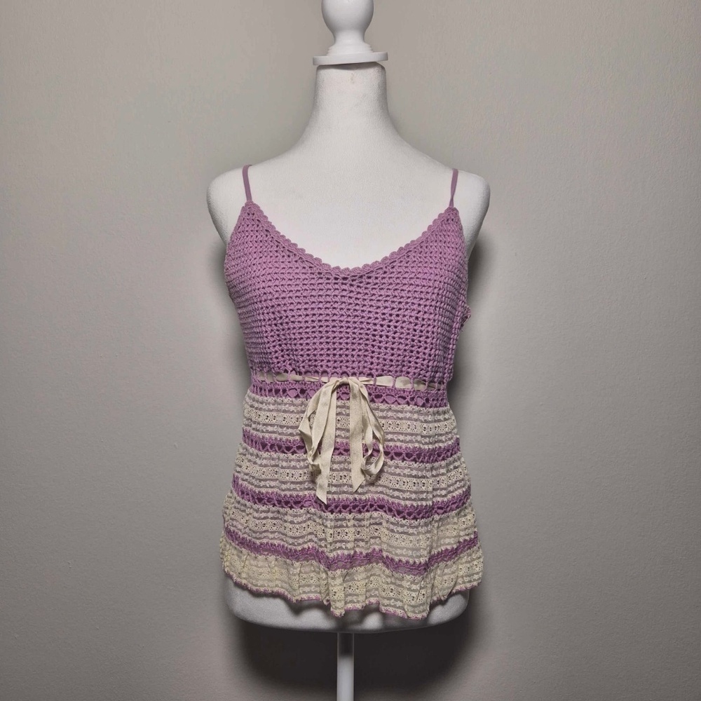 Betsey Johnson RARE Mulberry Purple & Cream Crotchet Knit Vintage 90s Tank Top M